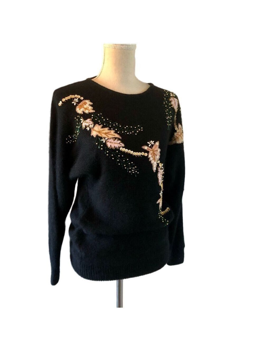 Vintage Angora/Silk Embroidered Crewneck Beaded Sweater Size Large Runs Small